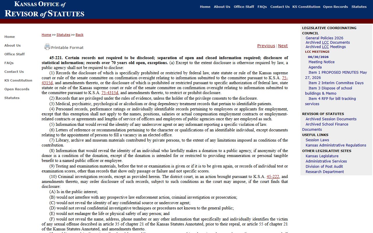 Stafford County arrest records K.S.A. 45-221 public record exemptions
