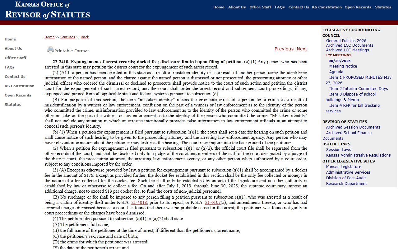 Stafford County criminal court records K.S.A. 22-2410 arrest record expungement