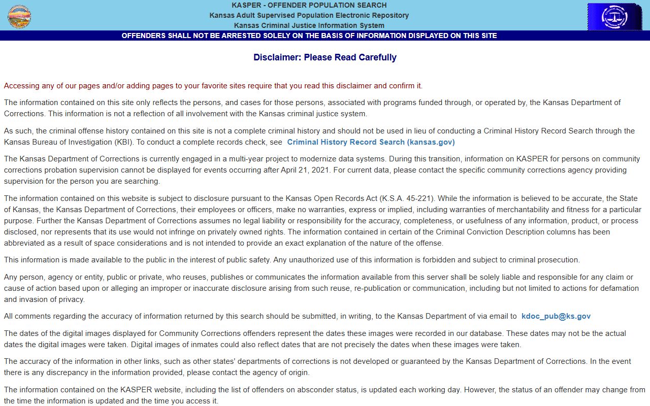 Stafford County inmate search KASPER offender disclaimer